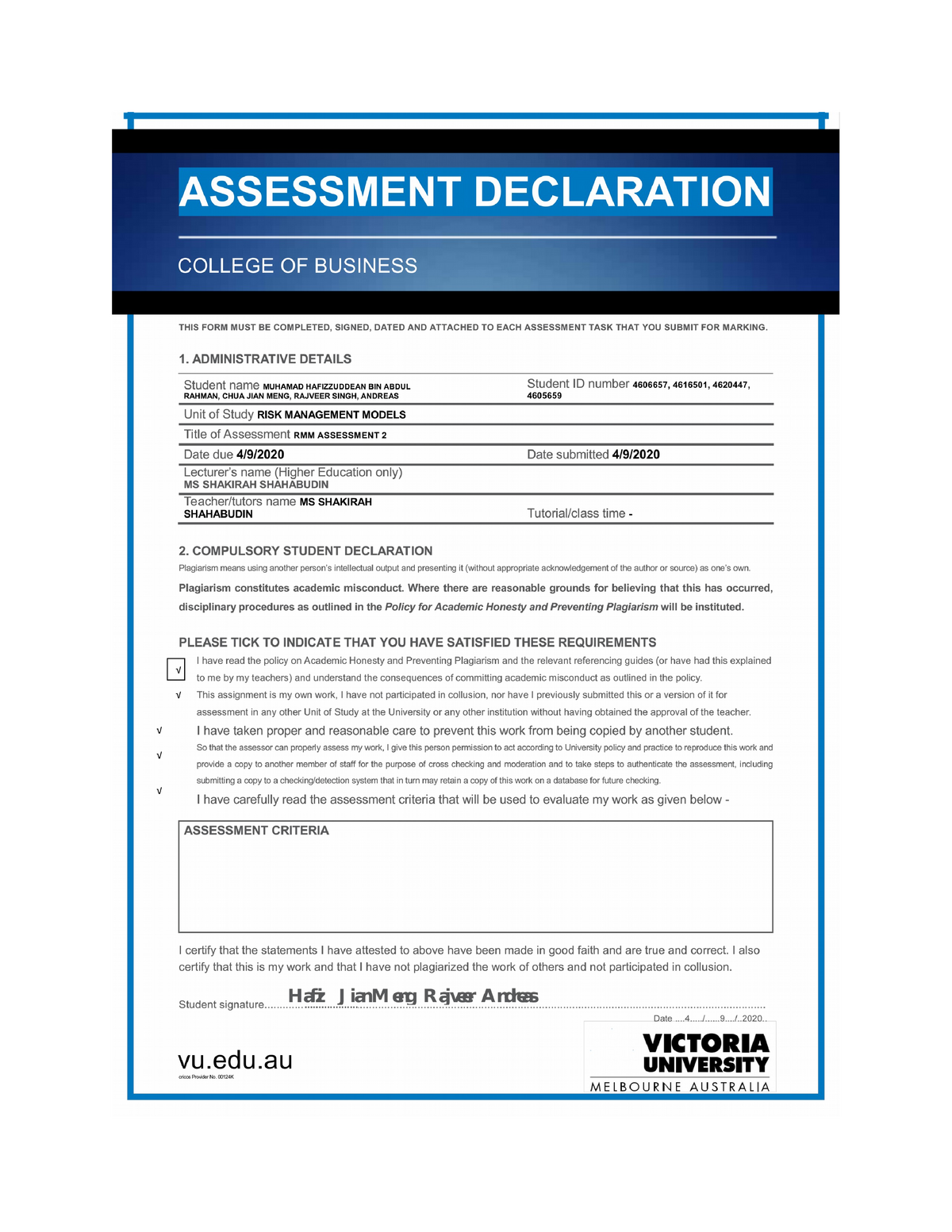 RMM Assignment 2 - Grade: 16/20 - 1 ASSESSMENT DECLARATION COLLEGE OF ...