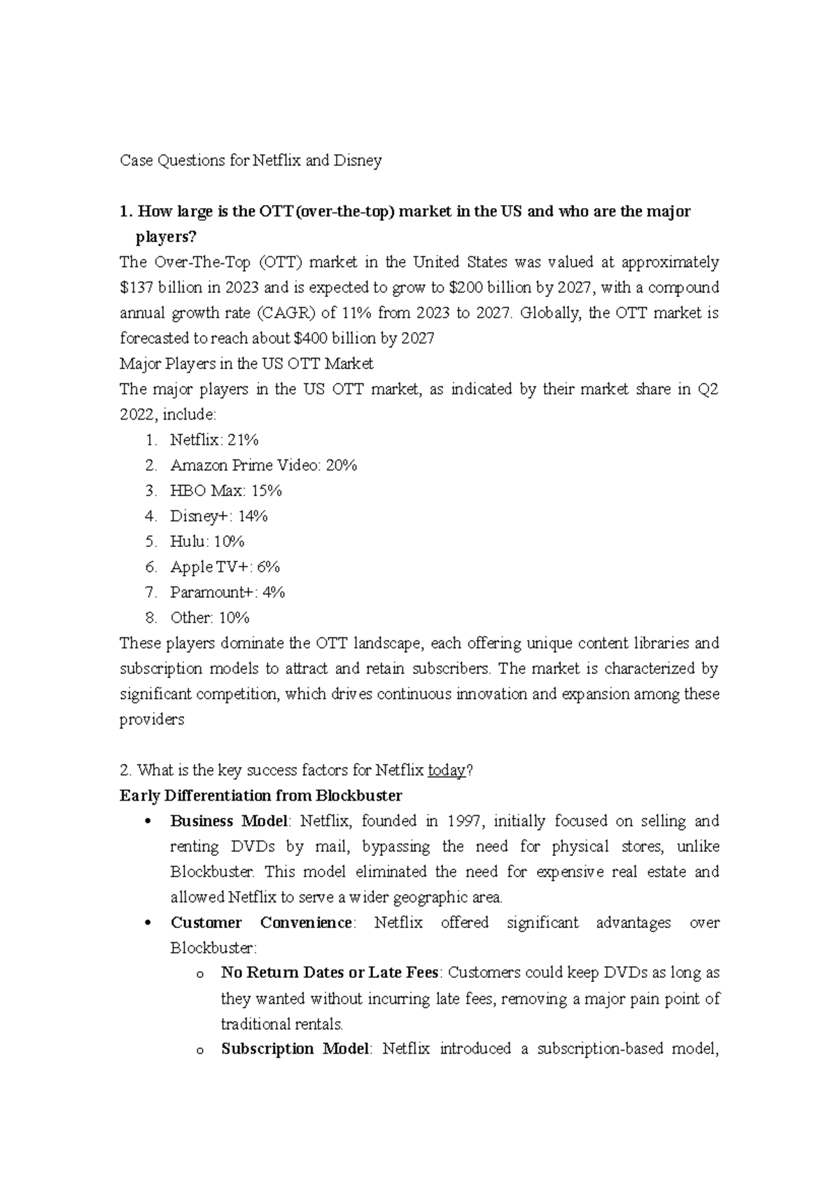 8. Case Questions Netflix - Case Questions for Netflix and Disney How ...