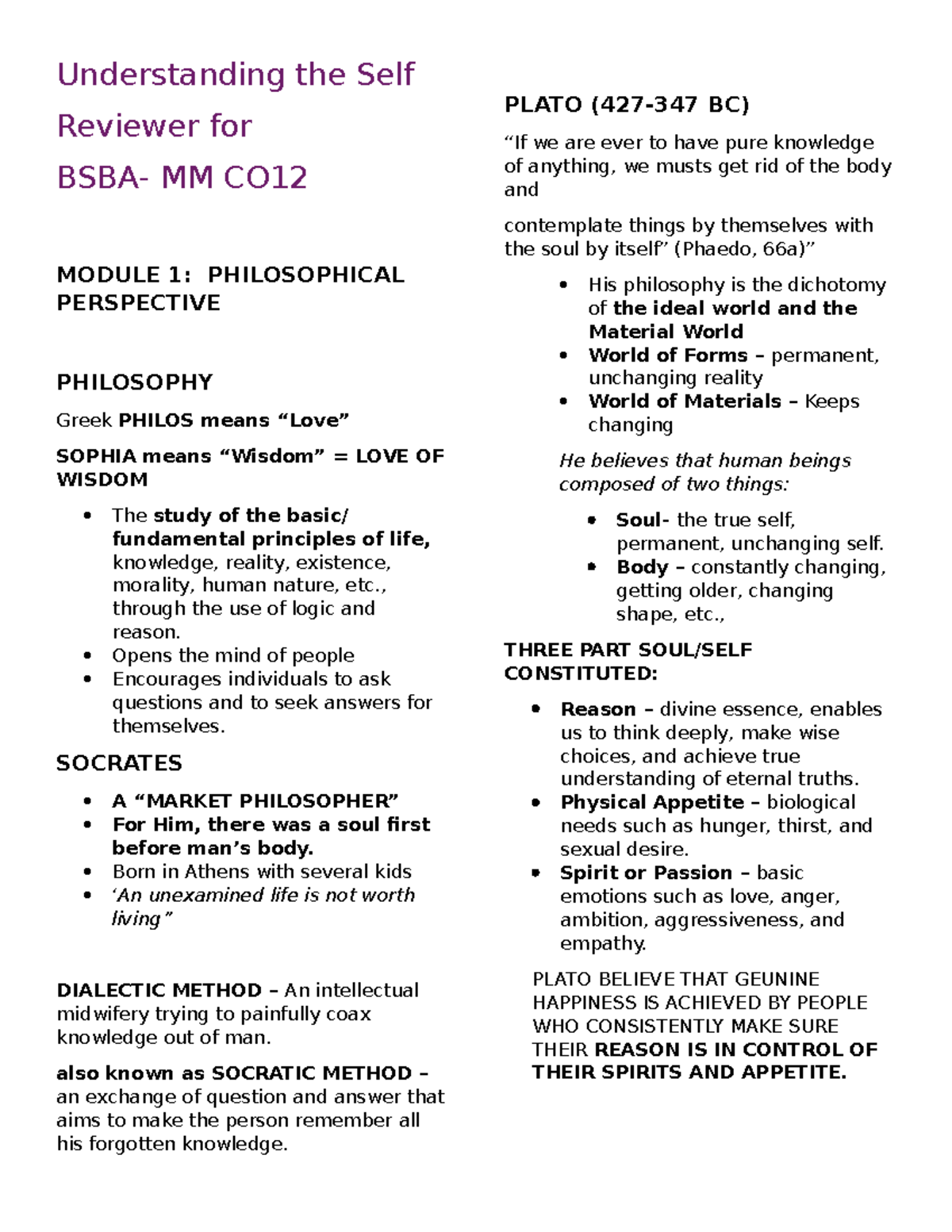 UTS Lecture Summary - Understanding The Self Reviewer For BSBA- MM CO ...