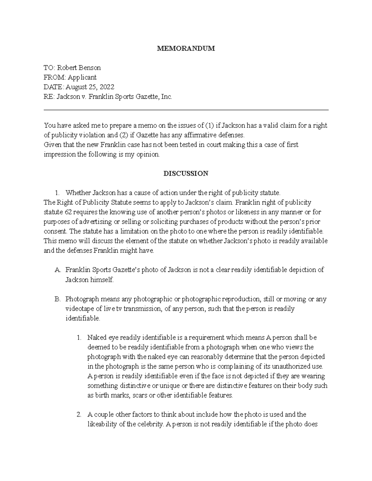 Adv legal skills MPT - MEMORANDUM TO: Robert Benson FROM: Applicant ...