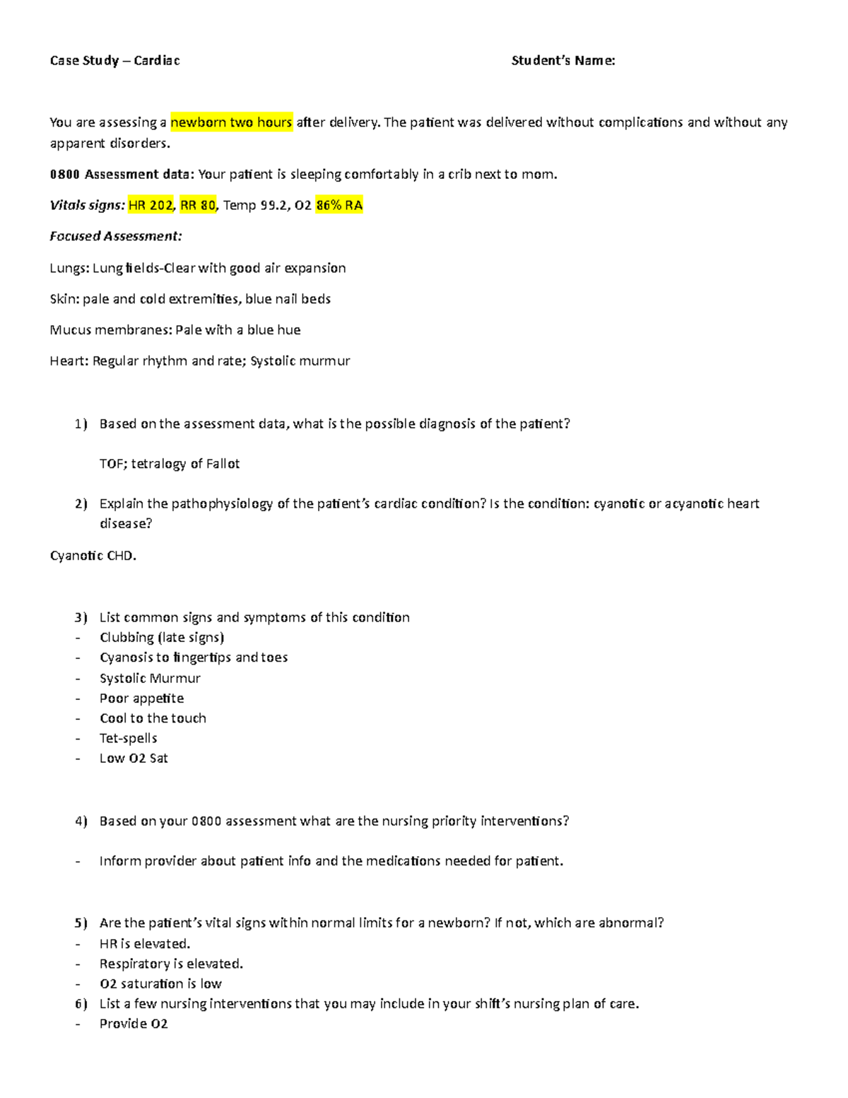 cardiac case study nursing