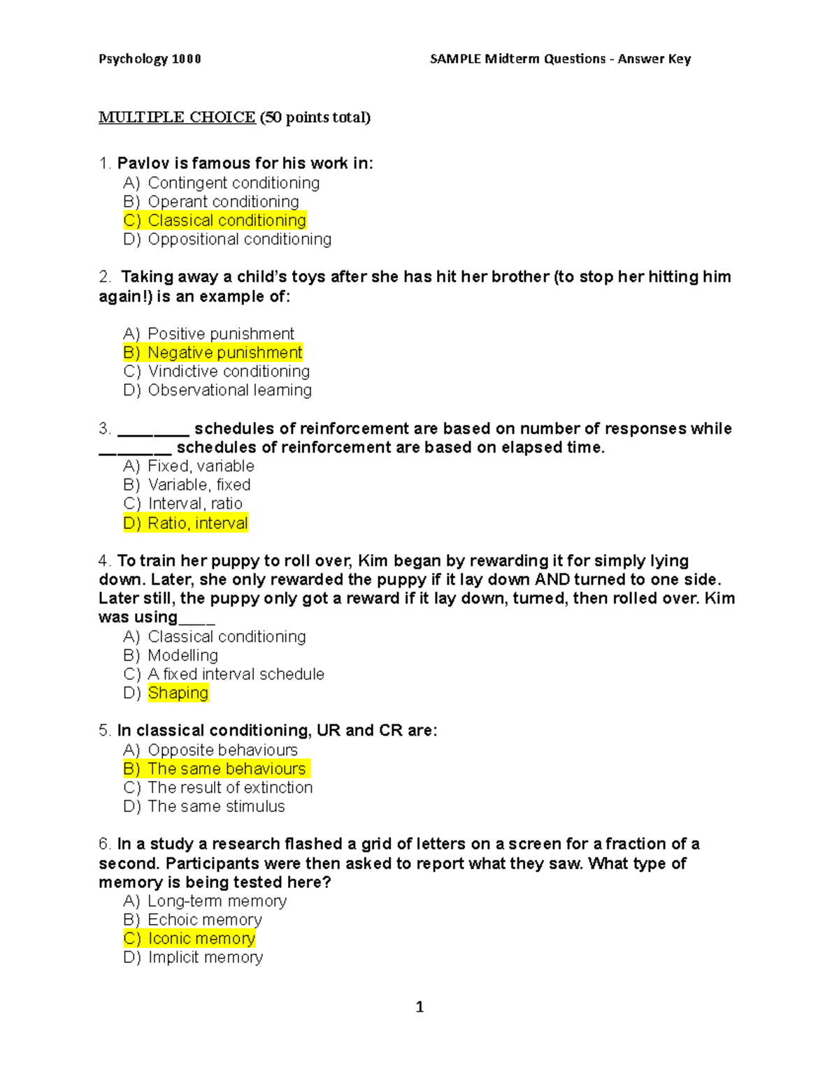 Midterm 2 Example Q's Answer Key - Psychology 1000 SAMPLE Midterm ...