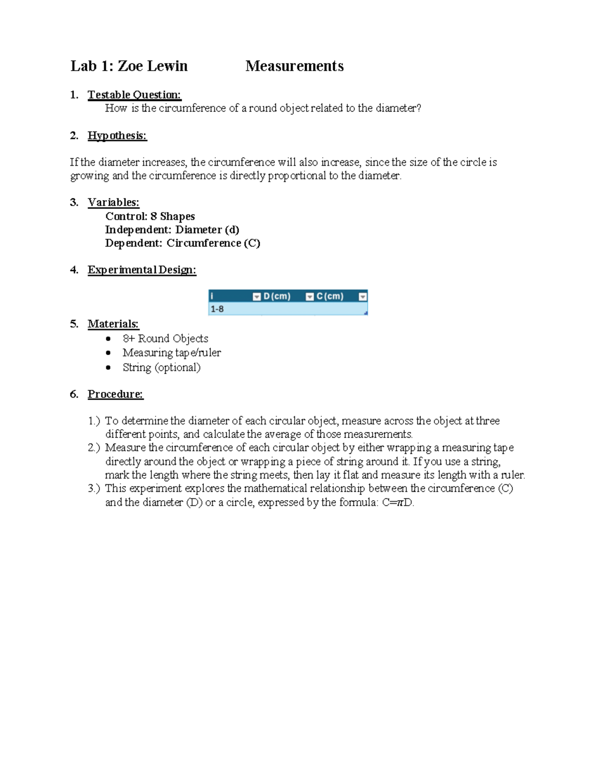 PHY111L Lab 1 Measurements 3 Lab 1 Zoe Lewin Measurements Testable