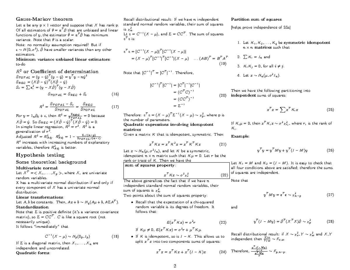 Mathematical Methods Linear Models 2017 2018 - theorem Let a be any p 1 ...