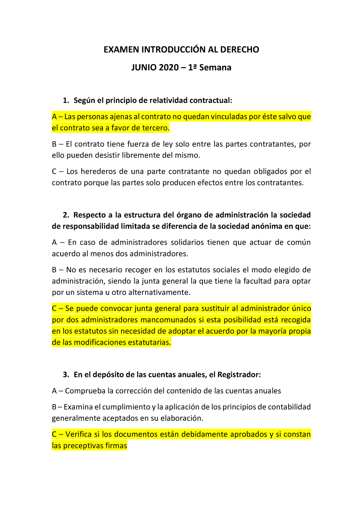 Examen Junio Derecho A Semana Examen Introducci N Al Derecho Junio Semana