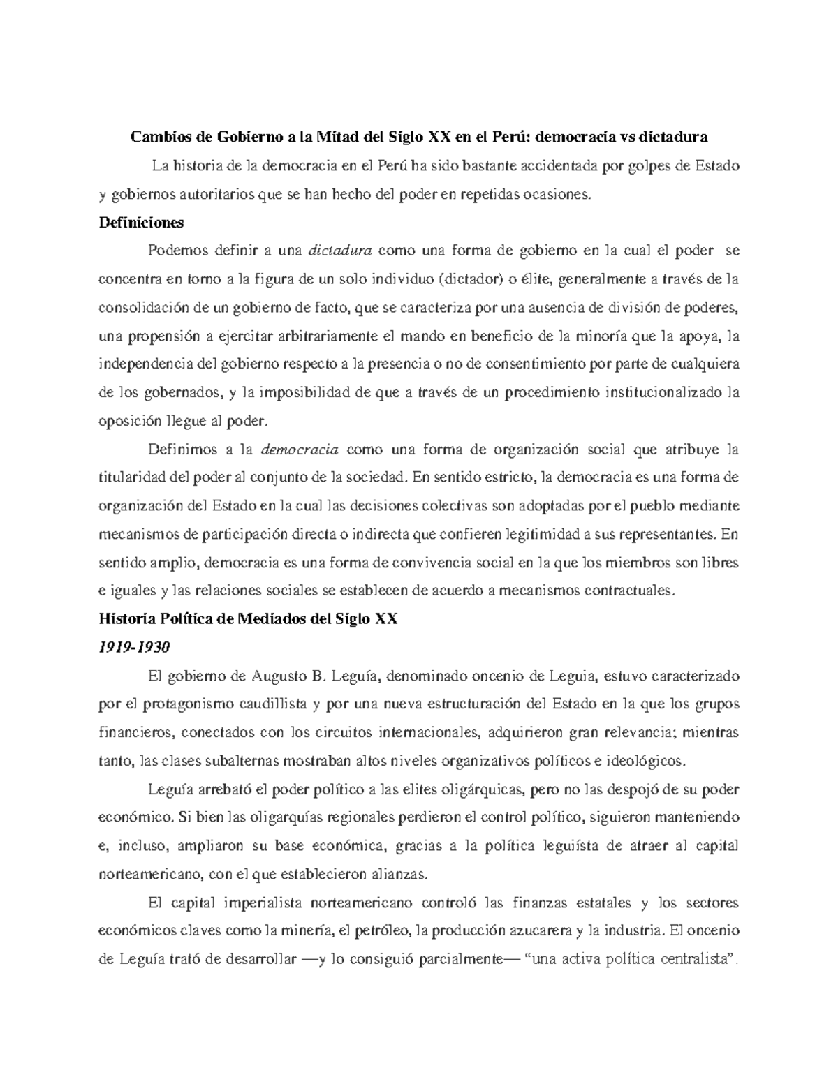 Democracia Vs Dictadura Cambios De Gobierno A La Mitad Del Siglo Xx En El Perú Democracia Vs 9868