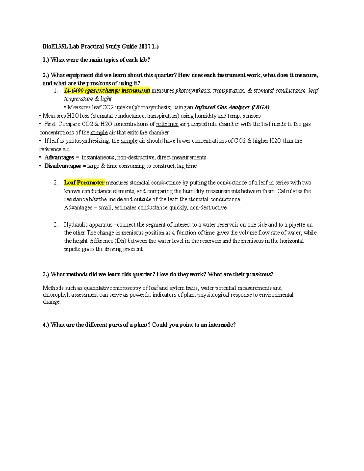 Lab study guide answers - BioE135L Lab Practical Study Guide 2017 1.) 1 ...