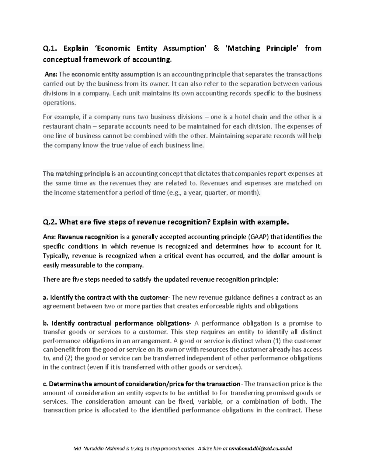 Theory of FFA & IFA - Q. Explain ‘Economic Entity Assumption ...