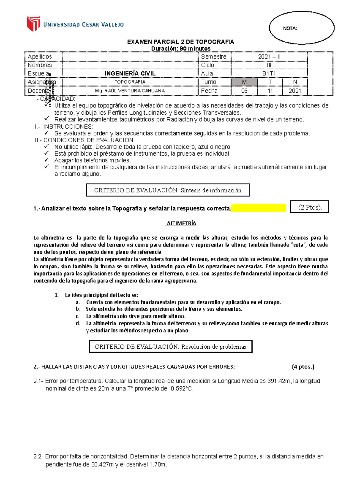 2do. Examen Parcial DE Topografia -B1T1 - Topografía - UCV - Studocu