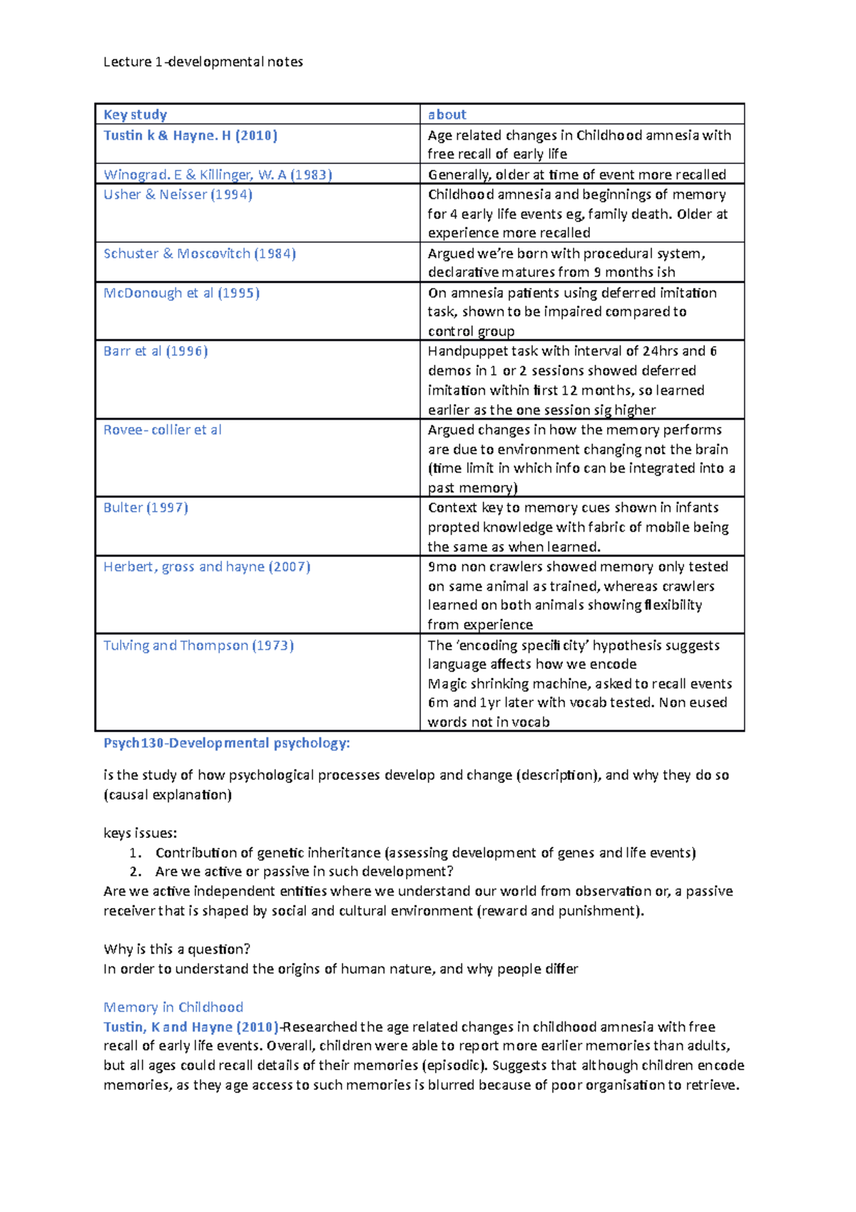 Lecture 1 and 2 - developmental - Key study about Tustin k & Hayne. H ...