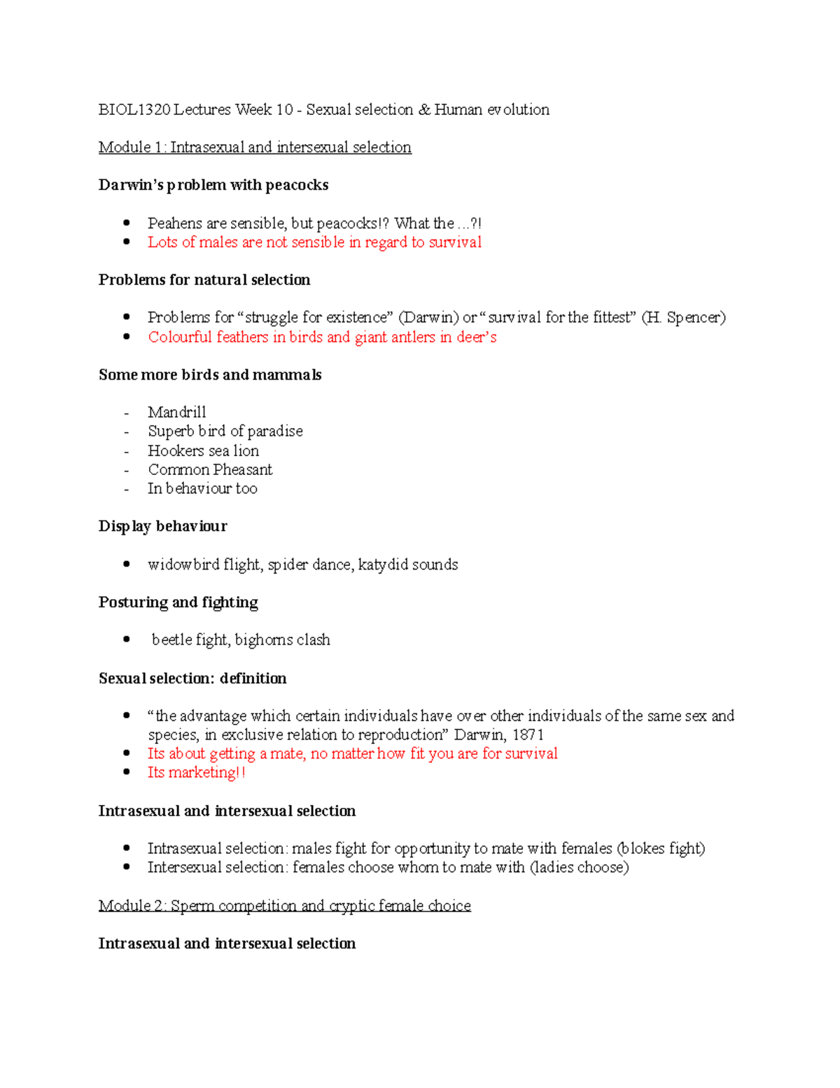 BIOL1320 Lectures Week 10 - ..?! Lots of males are not sensible in ...