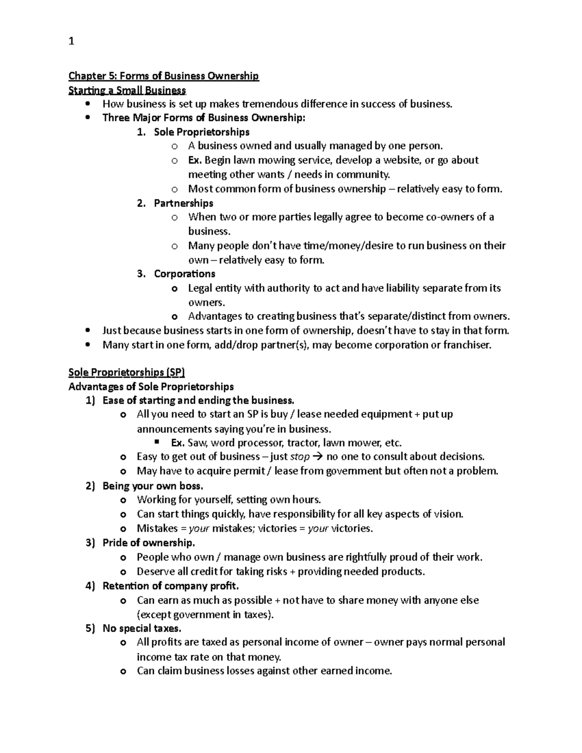 MGM101 Chapter 5 Notes - Chapter 5: Forms of Business Ownership ...