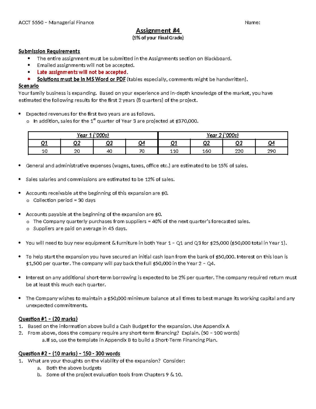 Assignment 4 Wednesday class - Tagged - ACCT 5550 – Managerial Finance ...