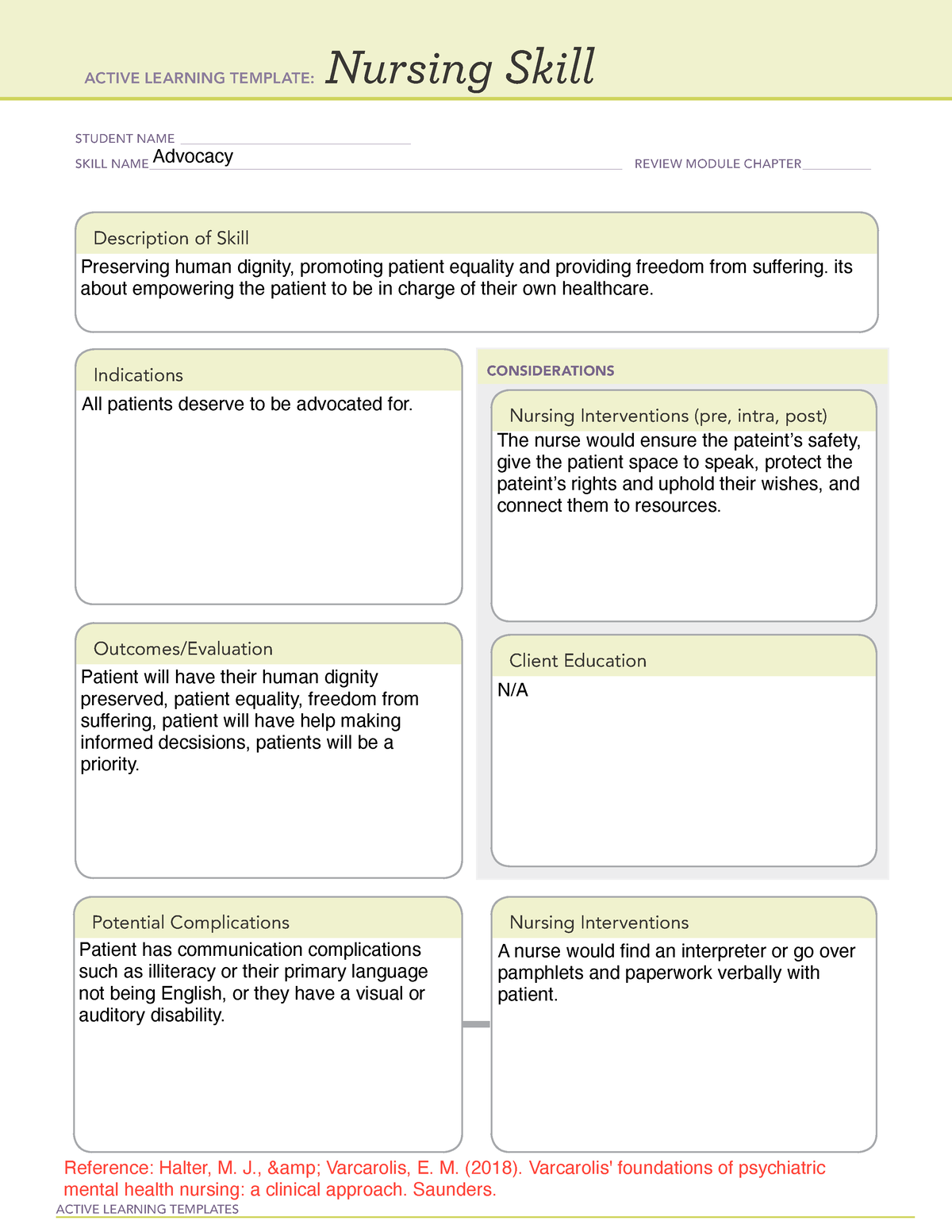 Advocacy ATI Template ACTIVE LEARNING TEMPLATES Nursing Skill STUDENT