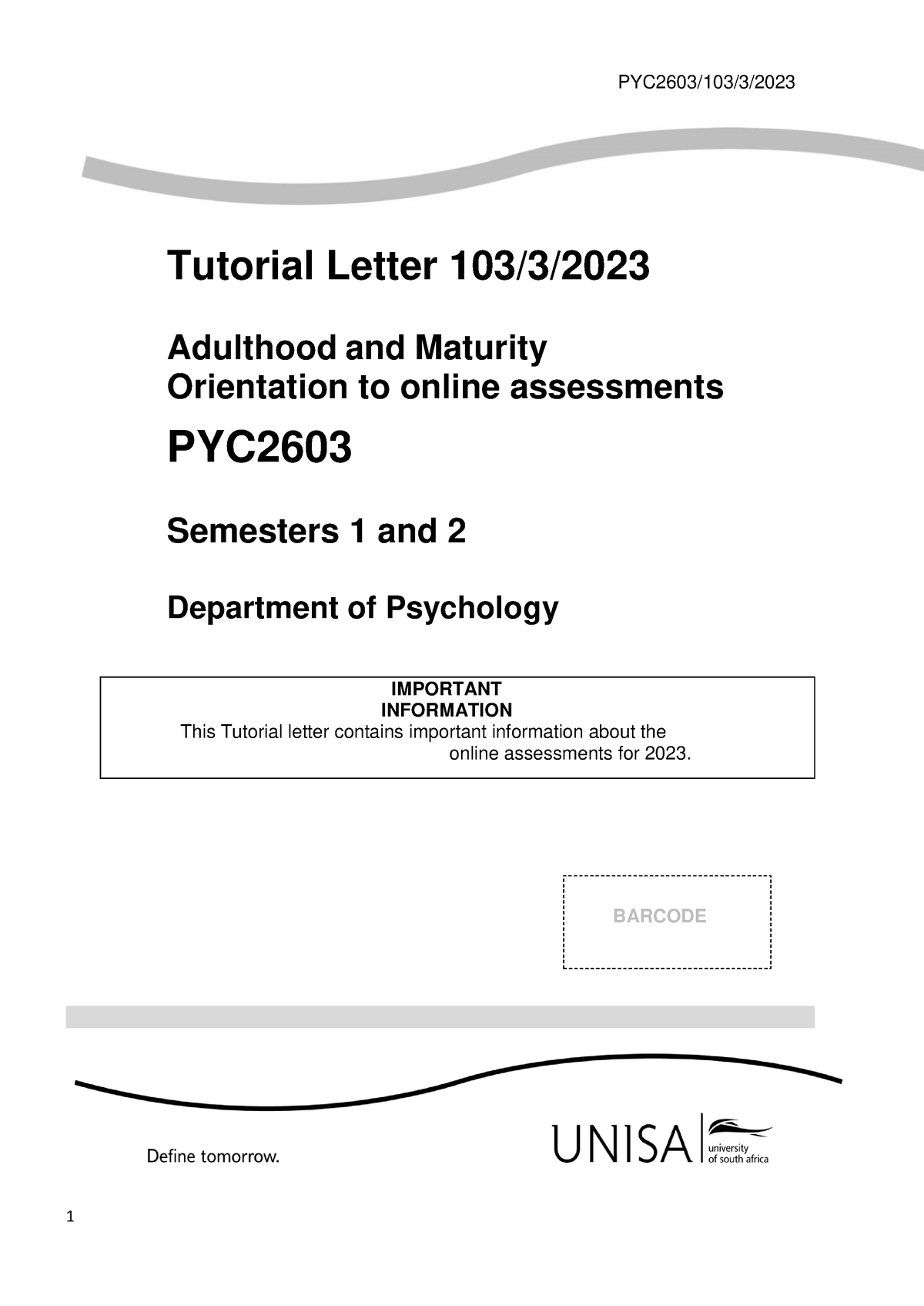 103 2023 3 B - Exam Pack - PYC2 603 / 103 / 3 / 2023 Tutorial Letter ...