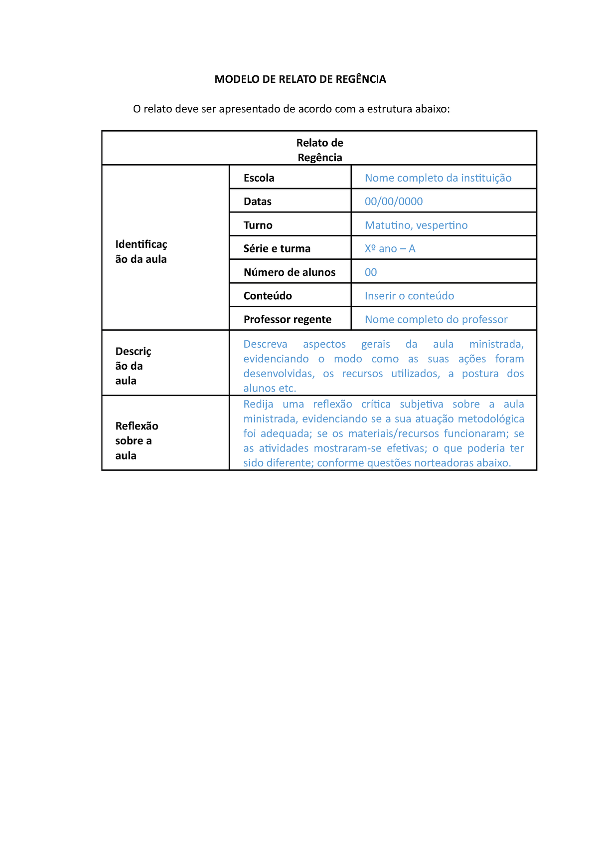 Modelo DE Relato DE Regência 1 - MODELO DE RELATO DE REGÊNCIA O Relato ...