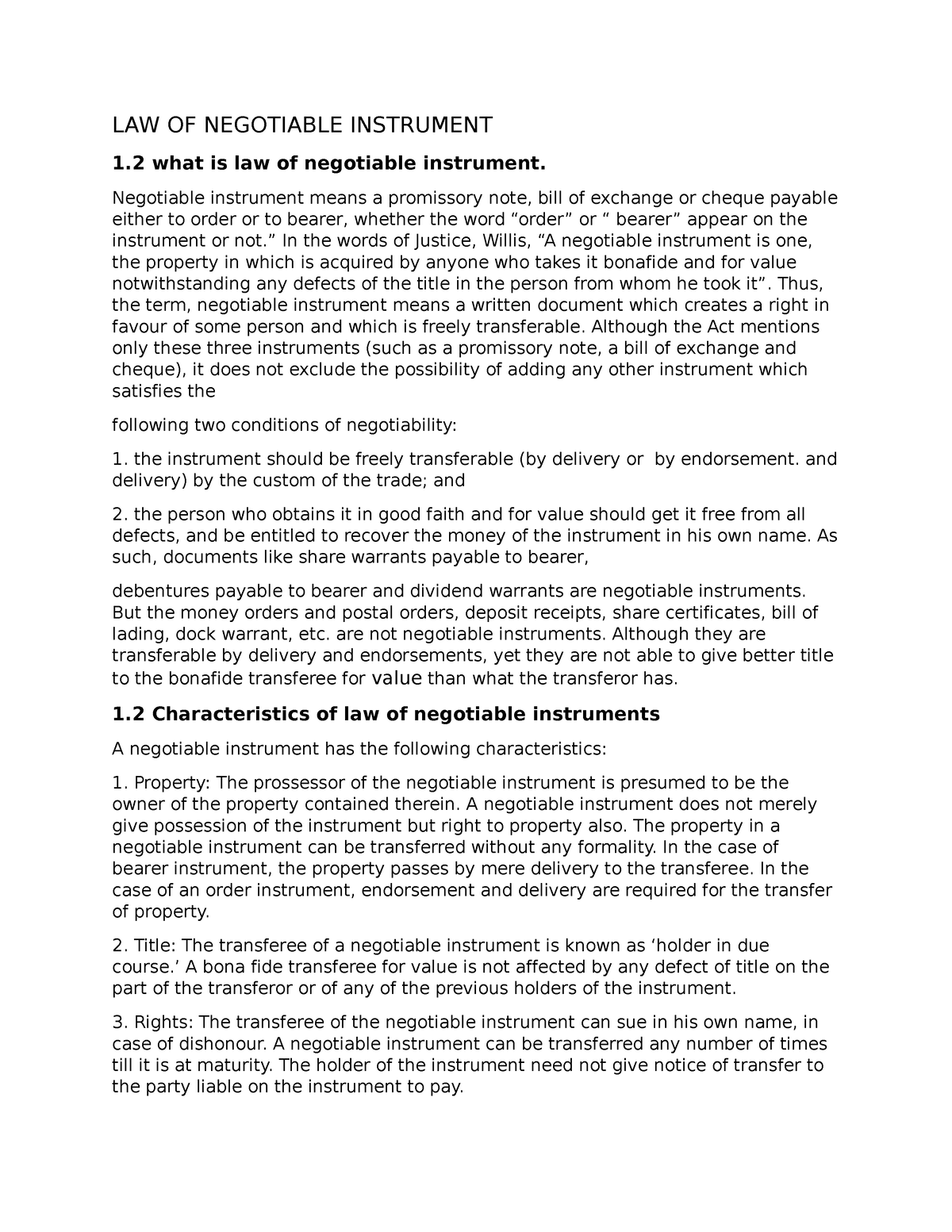 under a contract an assignment of negotiable instruments