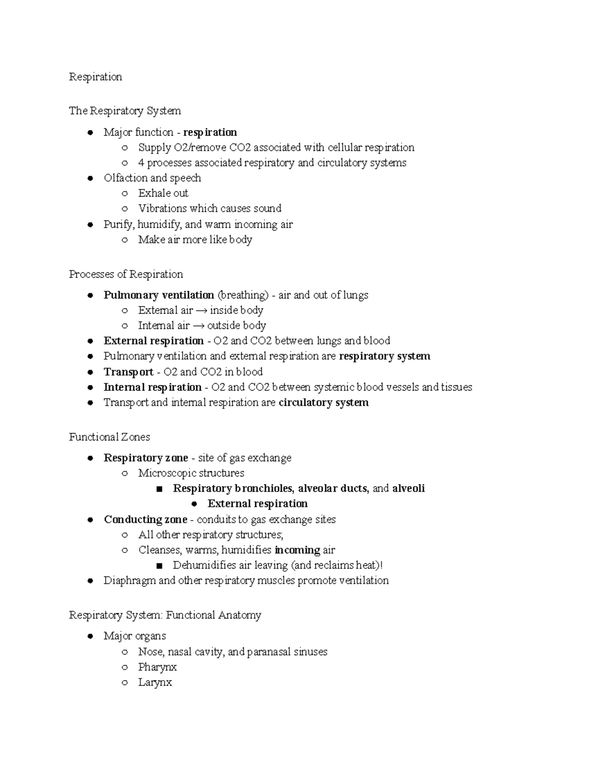 Respiratory System Functions and Anatomy - Studocu