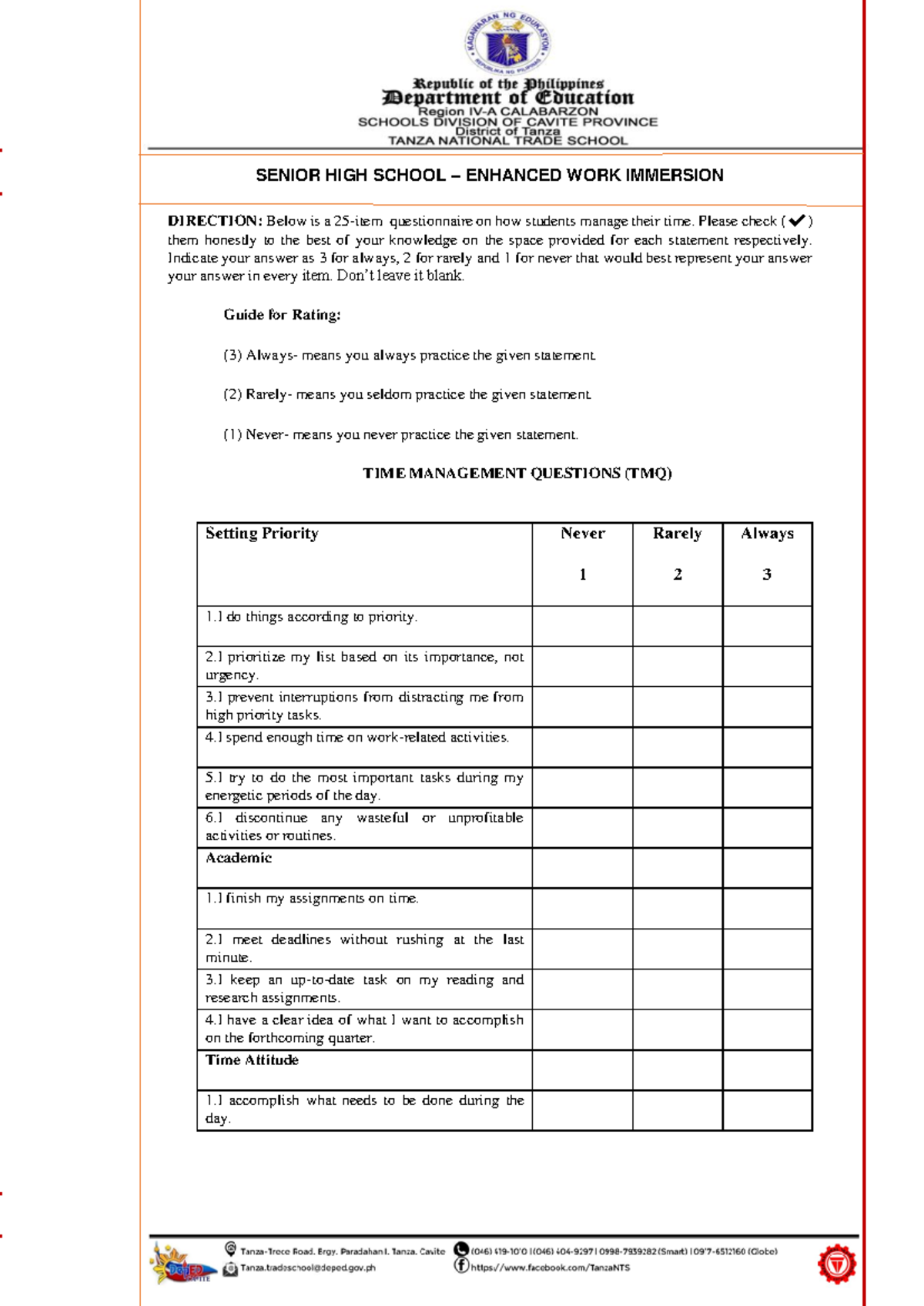 PR 2 Research Questionnaire - SENIOR HIGH SCHOOL – ENHANCED WORK ...