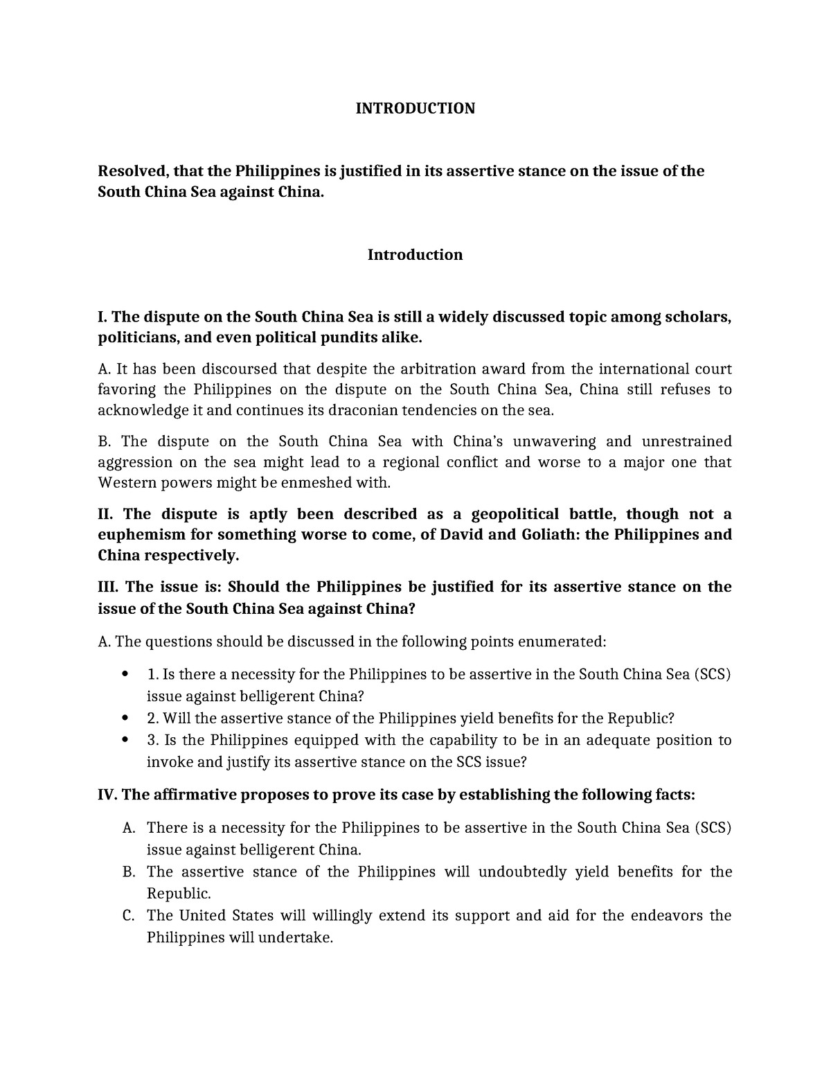 General Argumentative Brief Debate Format on the South China Sea Issue ...