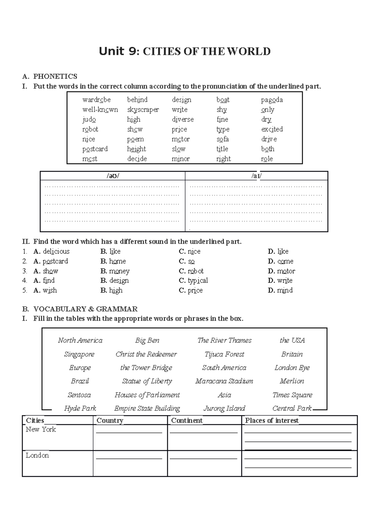 Unit 9+test English 6 - Unit 9: CITIES OF THE WORLD A. PHONETICS I. Put ...