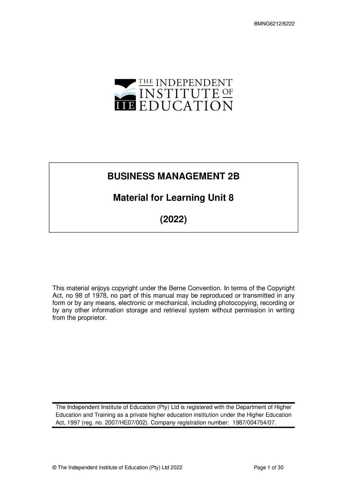 Business Management 2B - BMNG6222 Additional Material (LU8) - BUSINESS ...