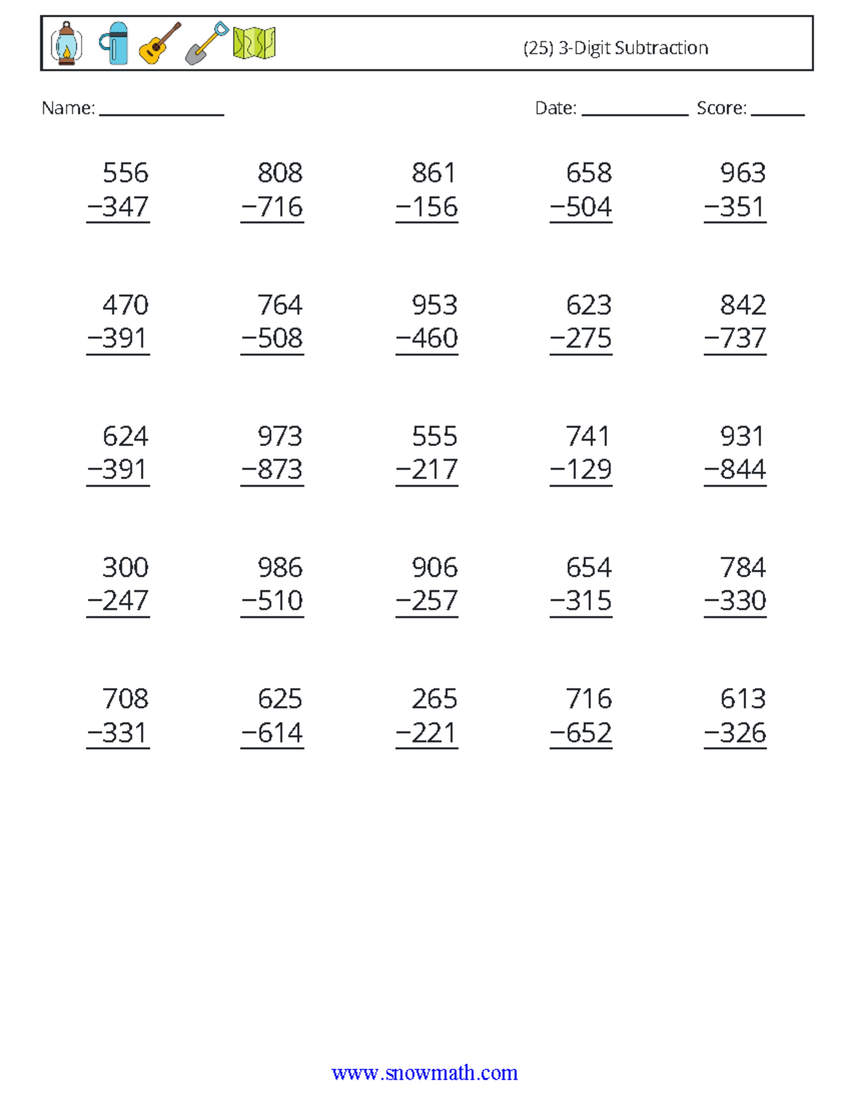 (25) 3 Digit Subtraction 8QA - Name: Date: Score: (25) 3-Digit ...