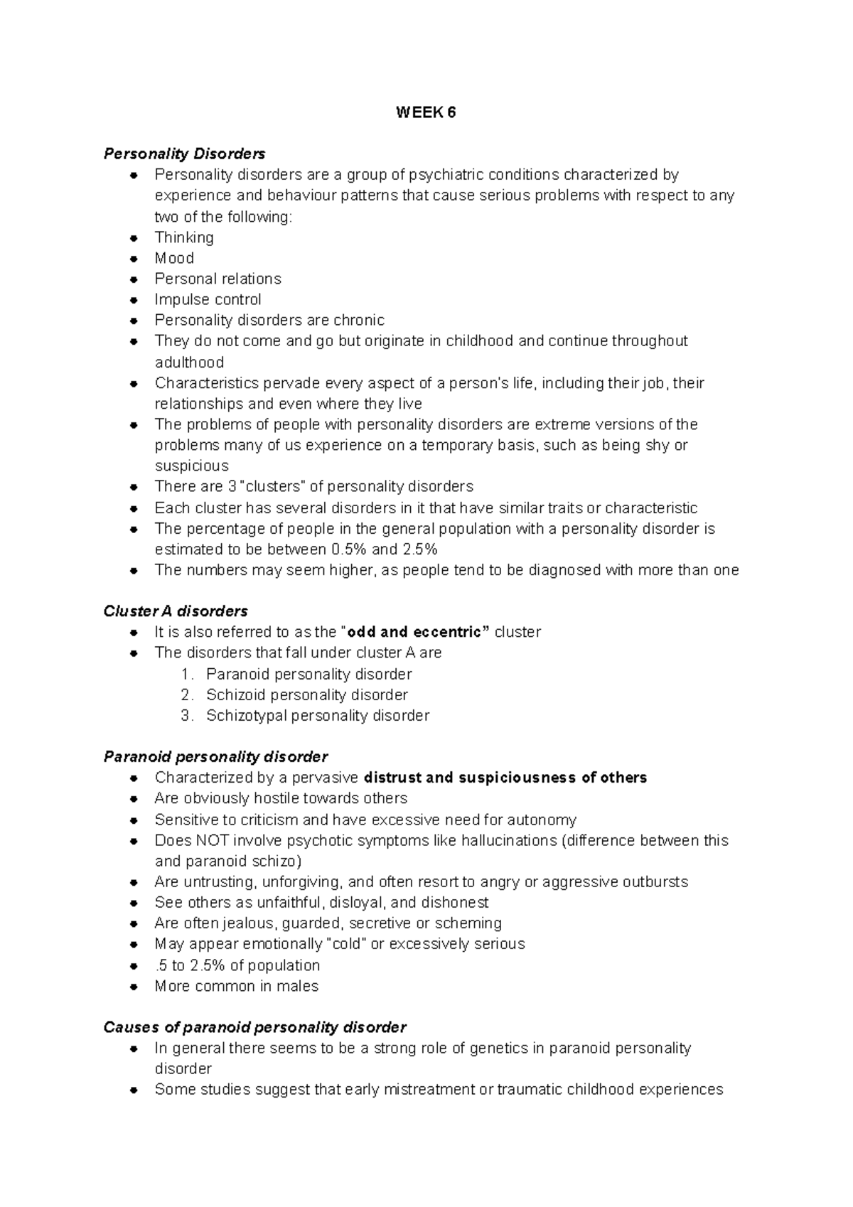 JAN 21ST - class notes - WEEK 6 Personality Disorders Personality ...