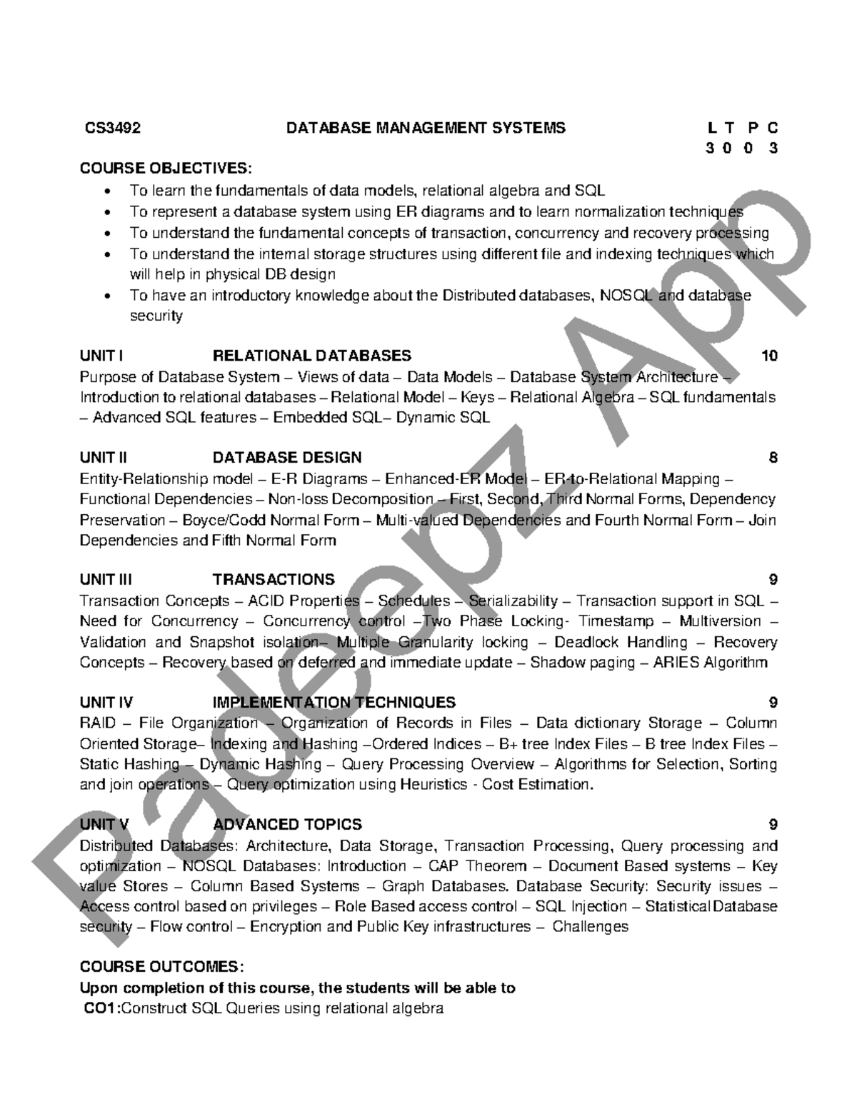 CS3492 Syllabus - CS3492 DATABASE MANAGEMENT SYSTEMS L T P C 3 0 0 3 ...