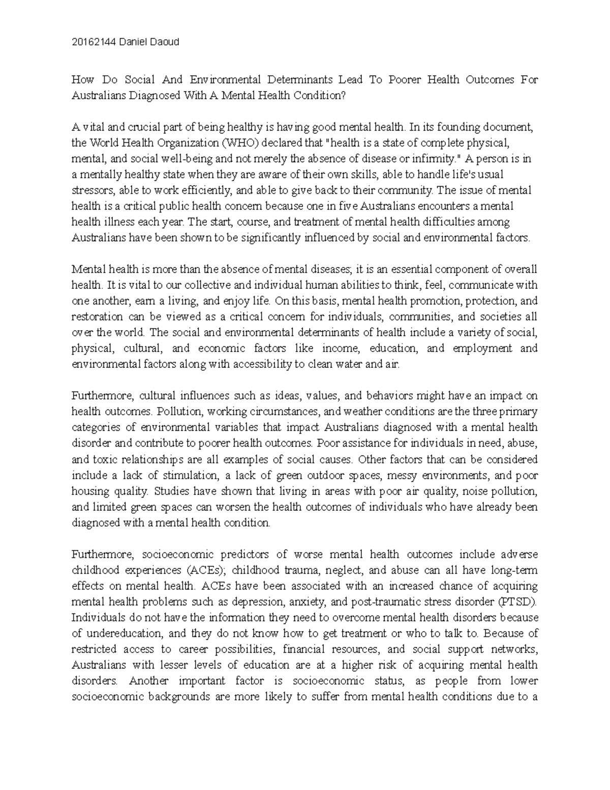 Pop Health essay - 20162144 Daniel Daoud How Do Social And ...