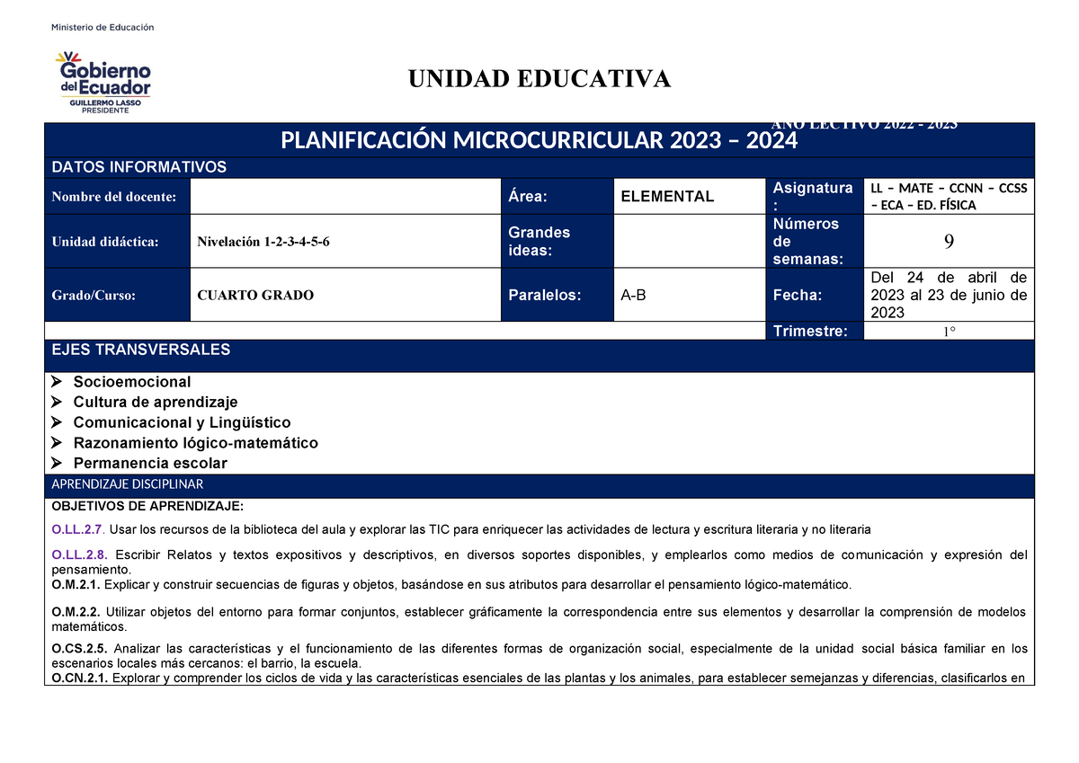 Planificación De 4to Semanas 1 23456789 Unidad Educativa PlanificaciÓn Microcurricular 7696