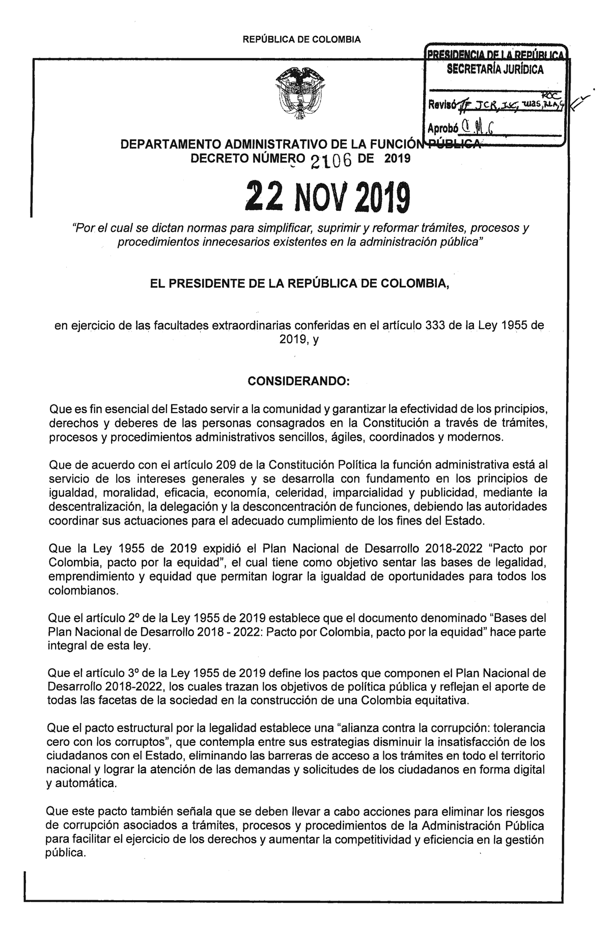 Decreto 2106 Del 22 De Noviembre De 2019 RepÚblica De Colombia Departamento Administrativo De 8350