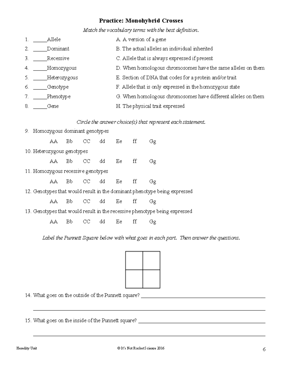 Monohybrid cross worksheet - Heredity Unit © It’s Not Rocket Science ...