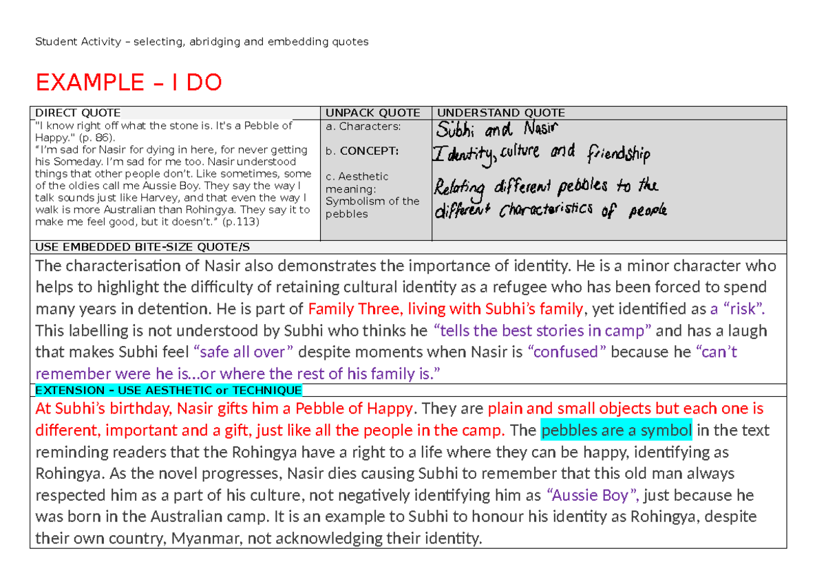 Year 8 Direct Quote Student Activity (embedding quotes) - Copy ...
