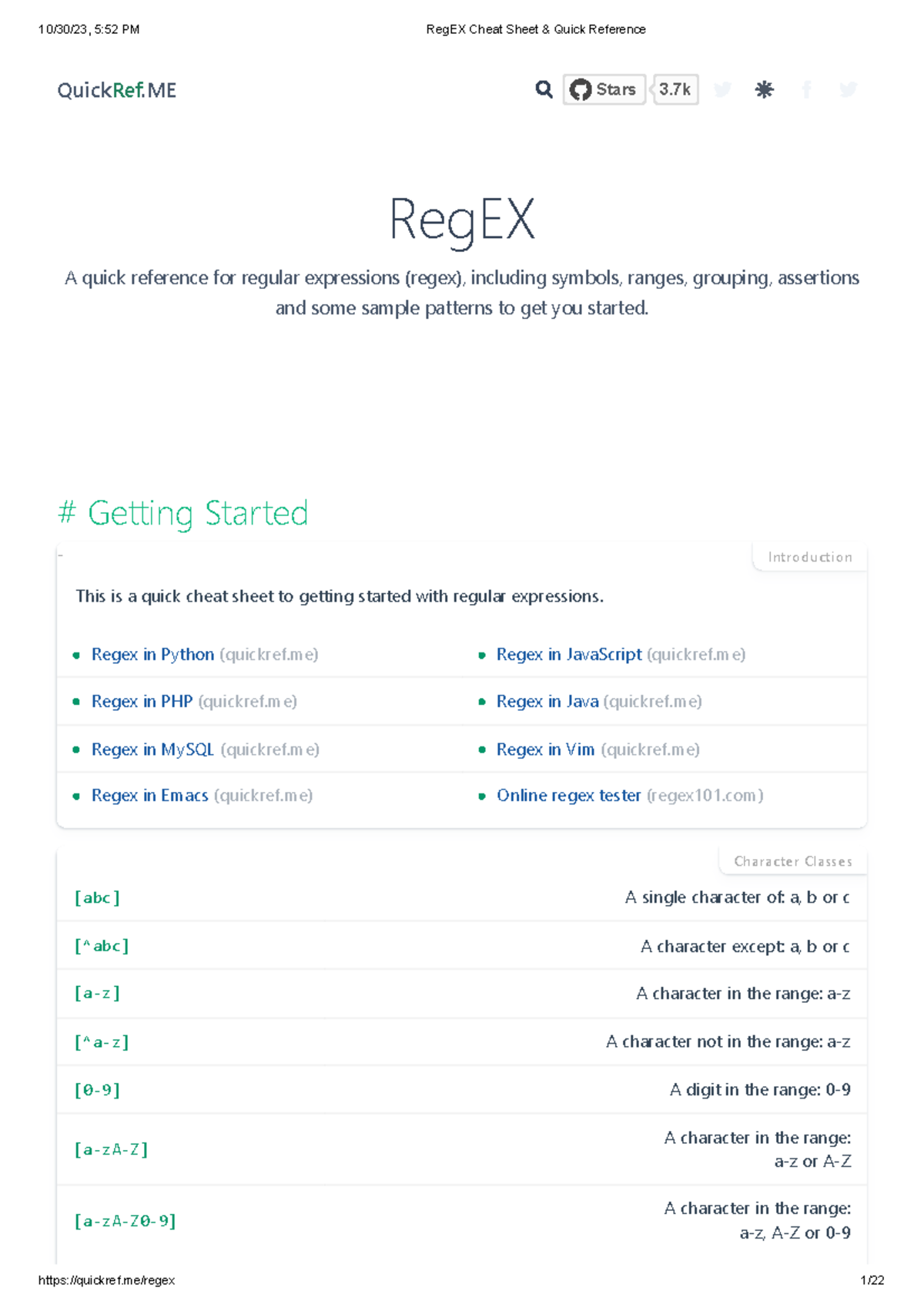 Reg Ex Cheat Sheet - Samenvatting Operating systems: Linux 1 - QuickRef ...