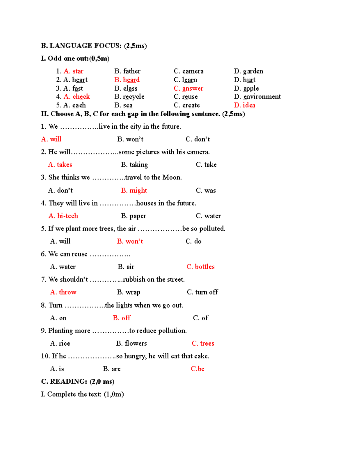 Homework Số 5 - Mmmm - B. LANGUAGE FOCUS: (2,5ms) I. Odd One Out:(0,5m ...