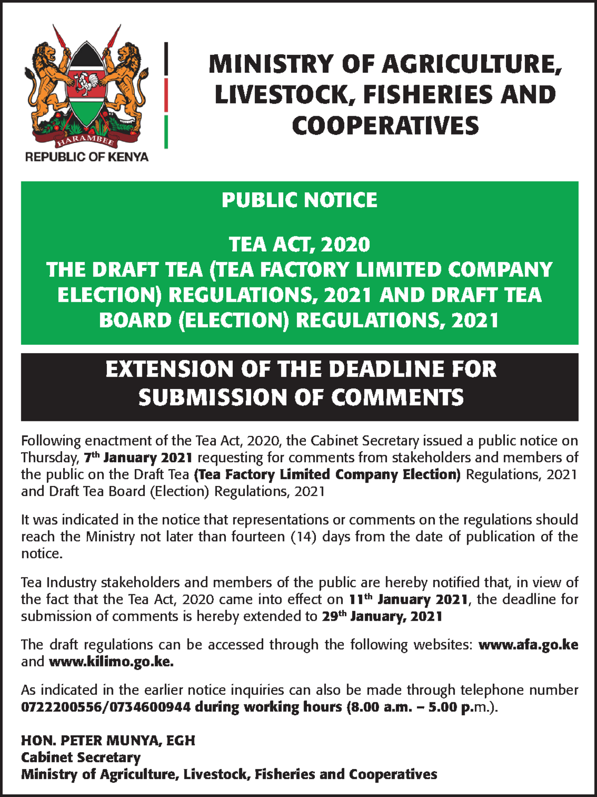 Notice- Extension Public Comments-TEA Elections Regulations - MINISTRY ...