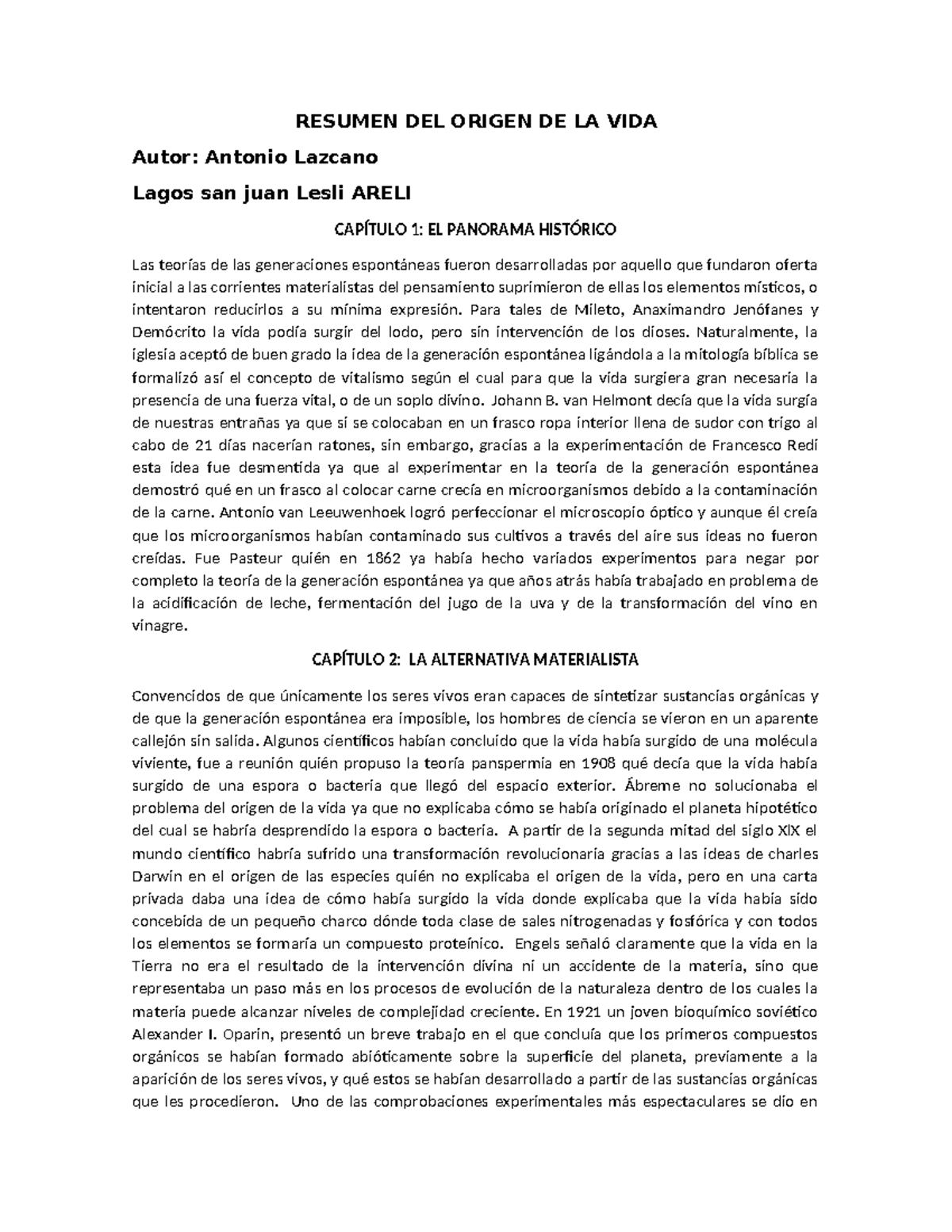 Resumen DEL Origen DE LA VIDA RESUMEN DEL ORIGEN DE LA VIDA Autor