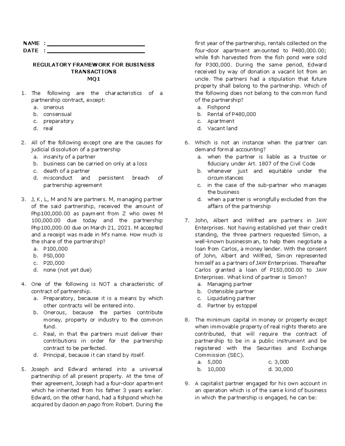 RFBT Practice Set - NAME : DATE : REGULATORY FRAMEWORK FOR BUSINESS ...