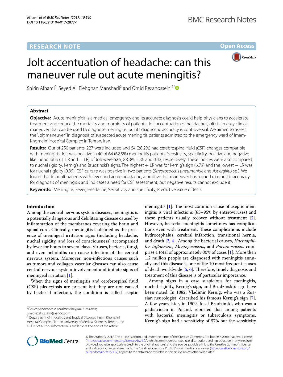 Jolt accentuation of headache Can this maneuver ru - Afhami et al. BMC ...