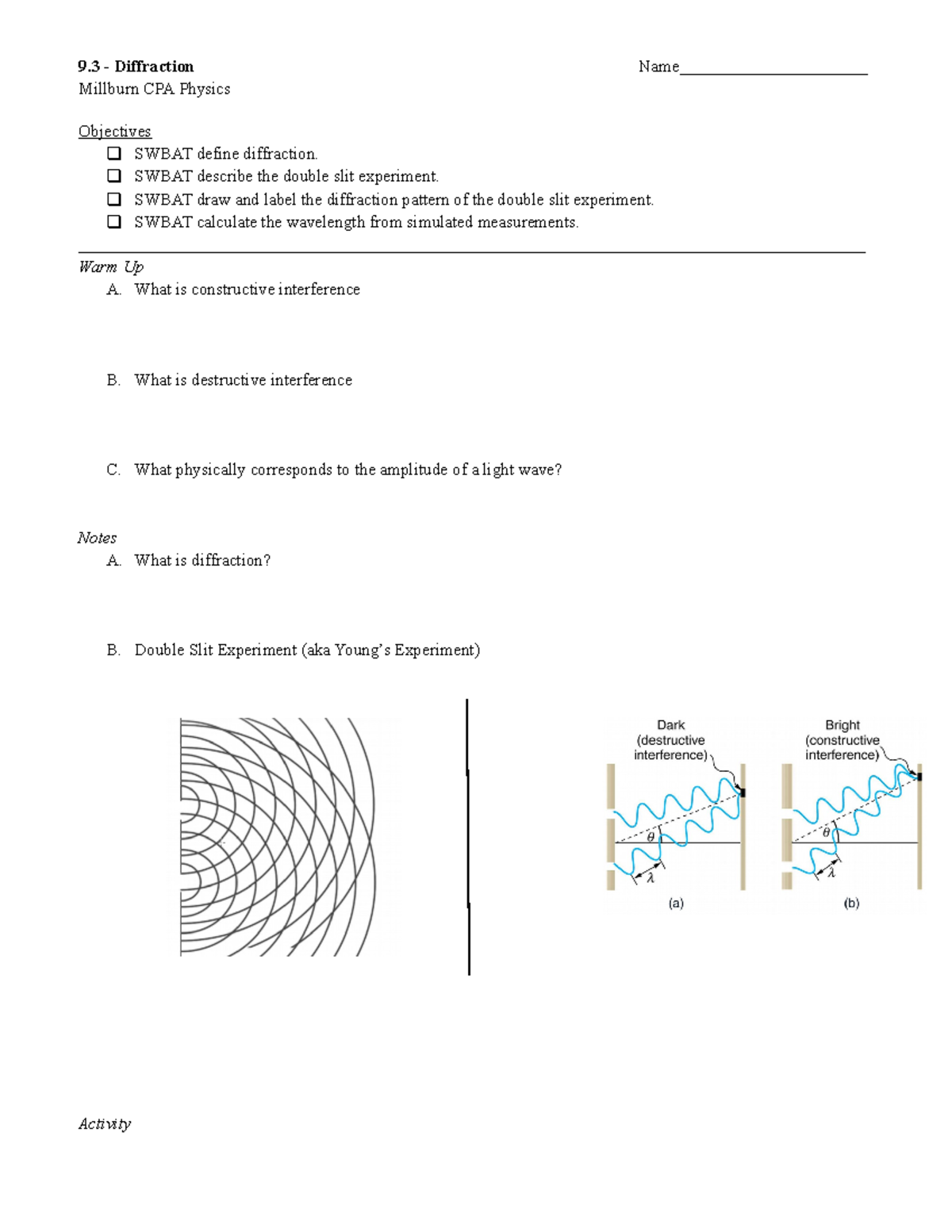 9.3 - Diffraction - 9 - Diffraction Name______________________ Millburn ...