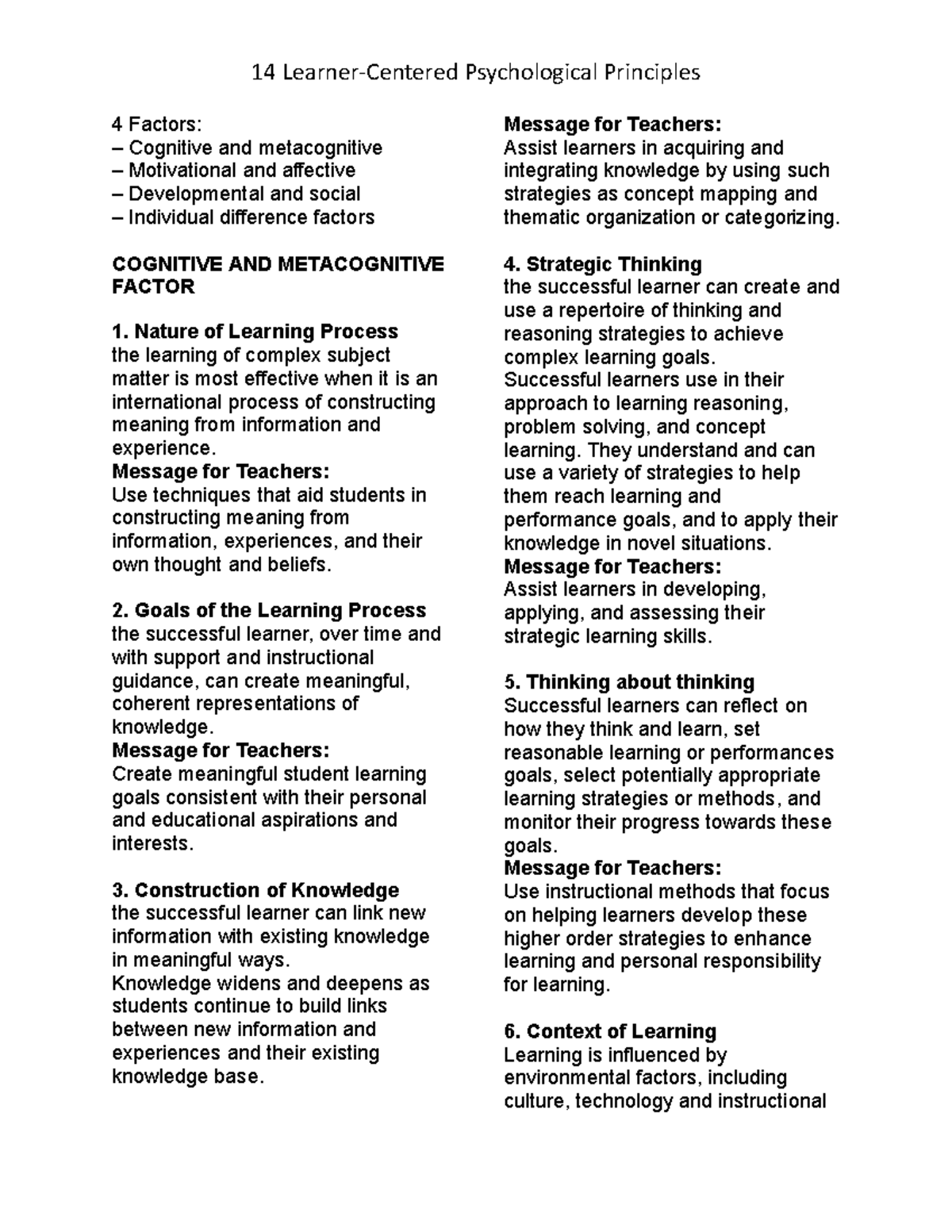 reflection essay about learner centered psychological principles