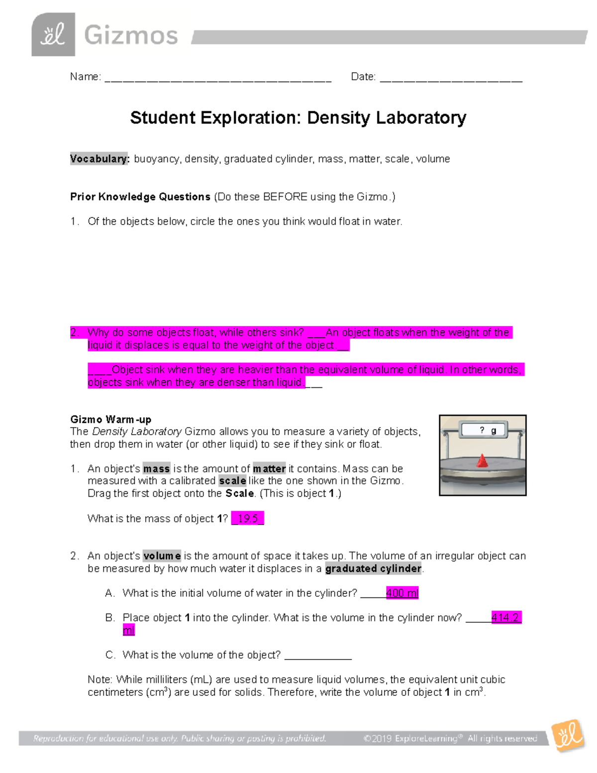 Density Lab Answers Key Name 