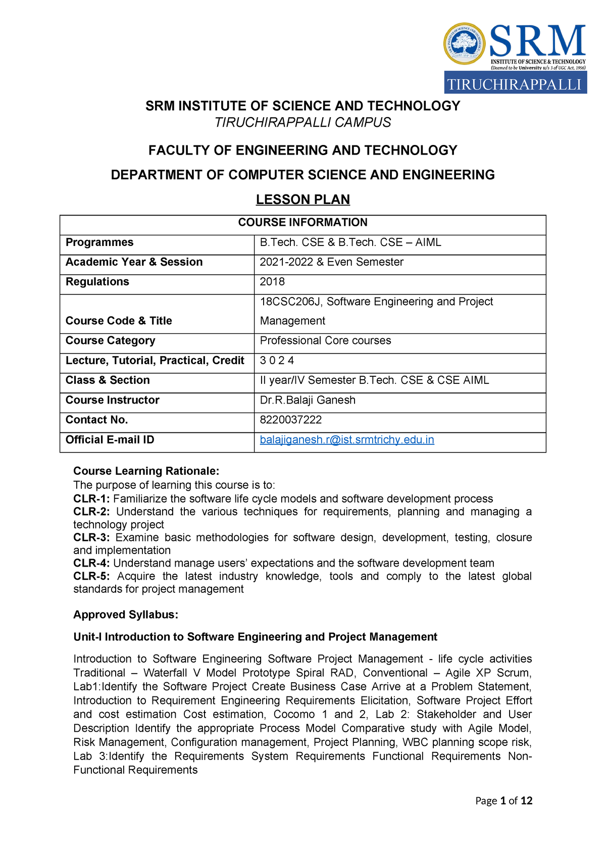 Lesson Plan SEPM - SRM INSTITUTE OF SCIENCE AND TECHNOLOGY ...