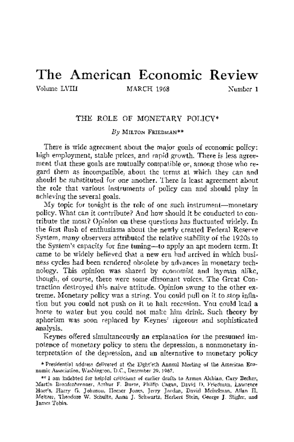 The Role of Policy The American Economic Review Volume LVIII
