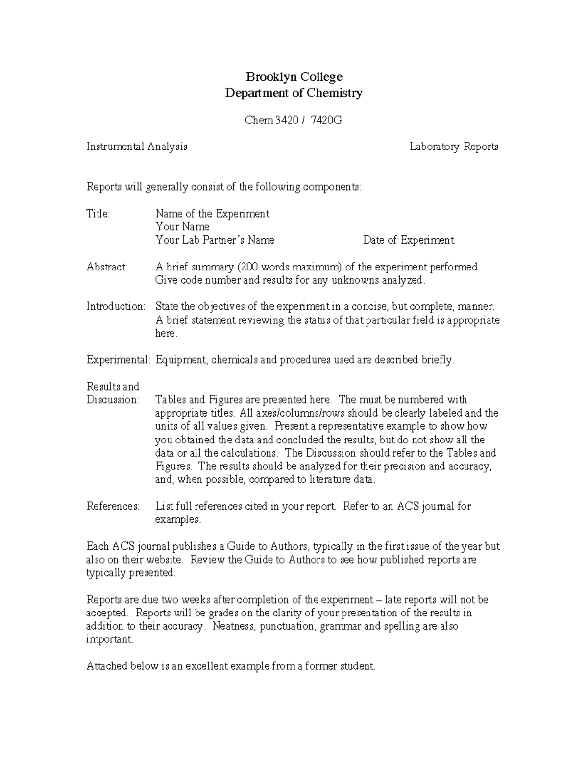 Lab Report Guide - Brooklyn College Department of Chemistry Chem 3420 ...