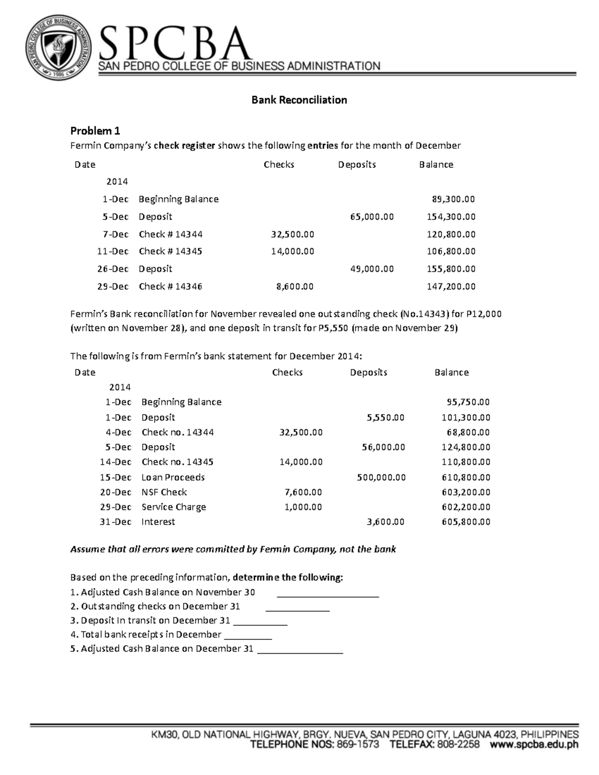 Bank Recon Problems - 1 Bank Reconciliation Problem 1 Fermin Company’s ...