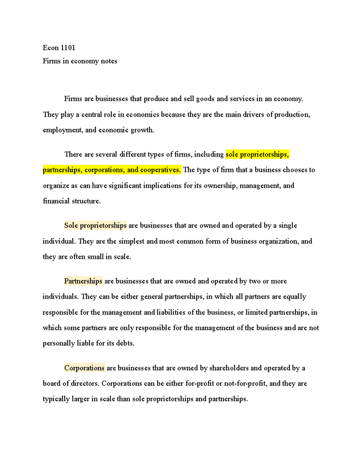 Firms - ECON 1101 LECTURE NOTES - Econ 1101 Firms in economy notes ...