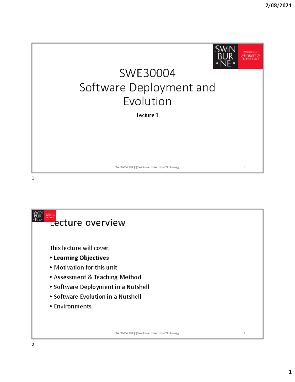 SWE30004 Lecture 01 - SWE Software Deployment and Evolution Lecture 1 ...