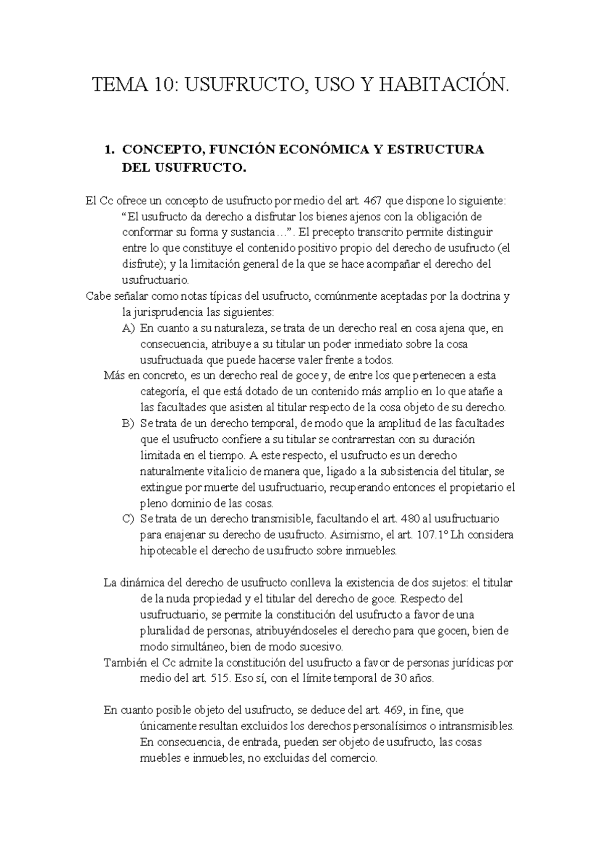 Tema 10 - Apuntes 10 - TEMA 10: USUFRUCTO, USO Y HABITACIÓN. 1 ...